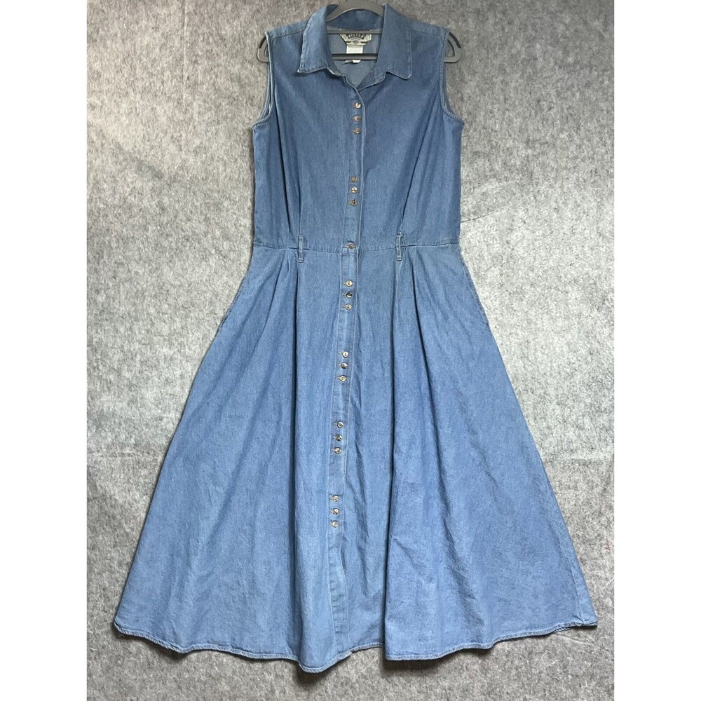 Vintage Dress Womens Large Blue Denim Sleeveless Pockets Maxi Button Front USA